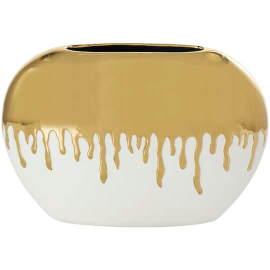 CosmoLiving by Cosmopolitan 16" White Ceramic Vase with Abstract Gold Melting Drips